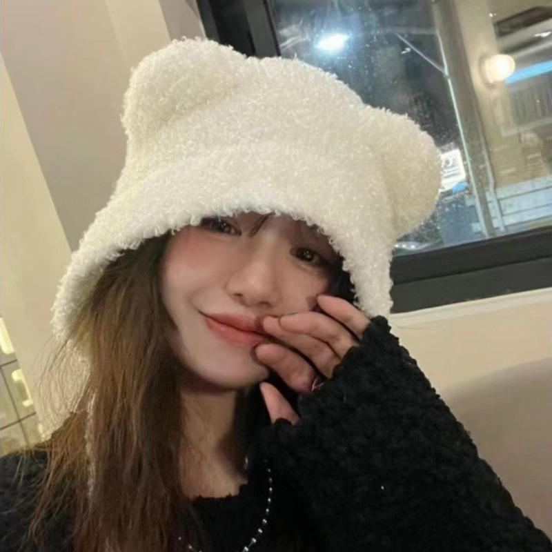 Bear Ears Plush Hat Women's Autumn and Winter Warm Ear Protector Big Head Circumference Show Face Small Wool Hat Pullover Hat