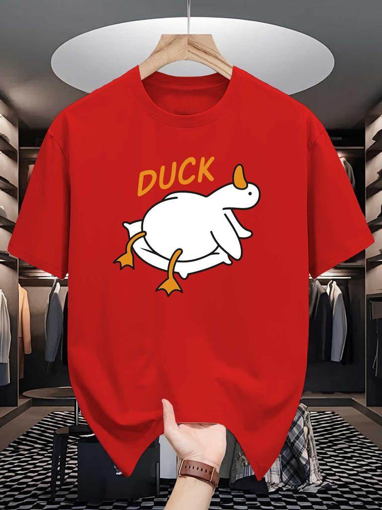 Unisex Crew Neck Tee Lazy Duck Cartoon Letter Graphic Print Soft Cotton Loose Breathable Short Sleeve Summer Casual Street Tops