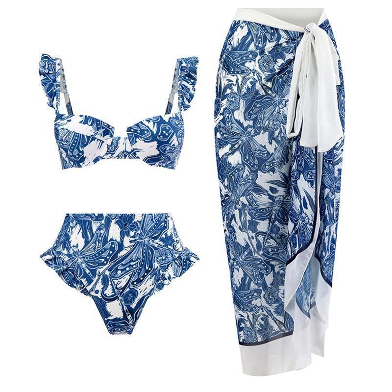 High-Waisted Push-Up Sheer Bikini Three-Piece Swimsuit Set with Long Skirt