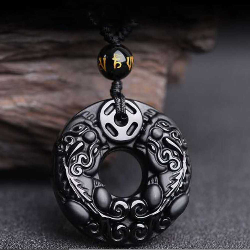 100 % natürlicher Obsidian, geschnitzter Pi Xiu-Glücksamulett-Anhänger, Reiki-Heilkette, Stahl, Frauen, Kreuzanhänger, Energieschmuck