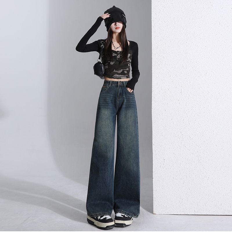 Spring Autumn High Waist Fashion Design Relaxed Straight Wide Leg Denim Pants For Ladies Casual Pants Oversize Denim Trousers