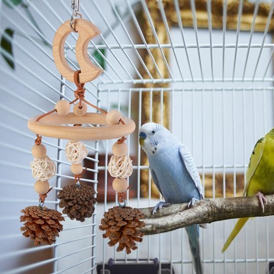 Colorful Hanging Parrot Bird Toy Training Biting Chewing Accessory Handmade Natural Wood