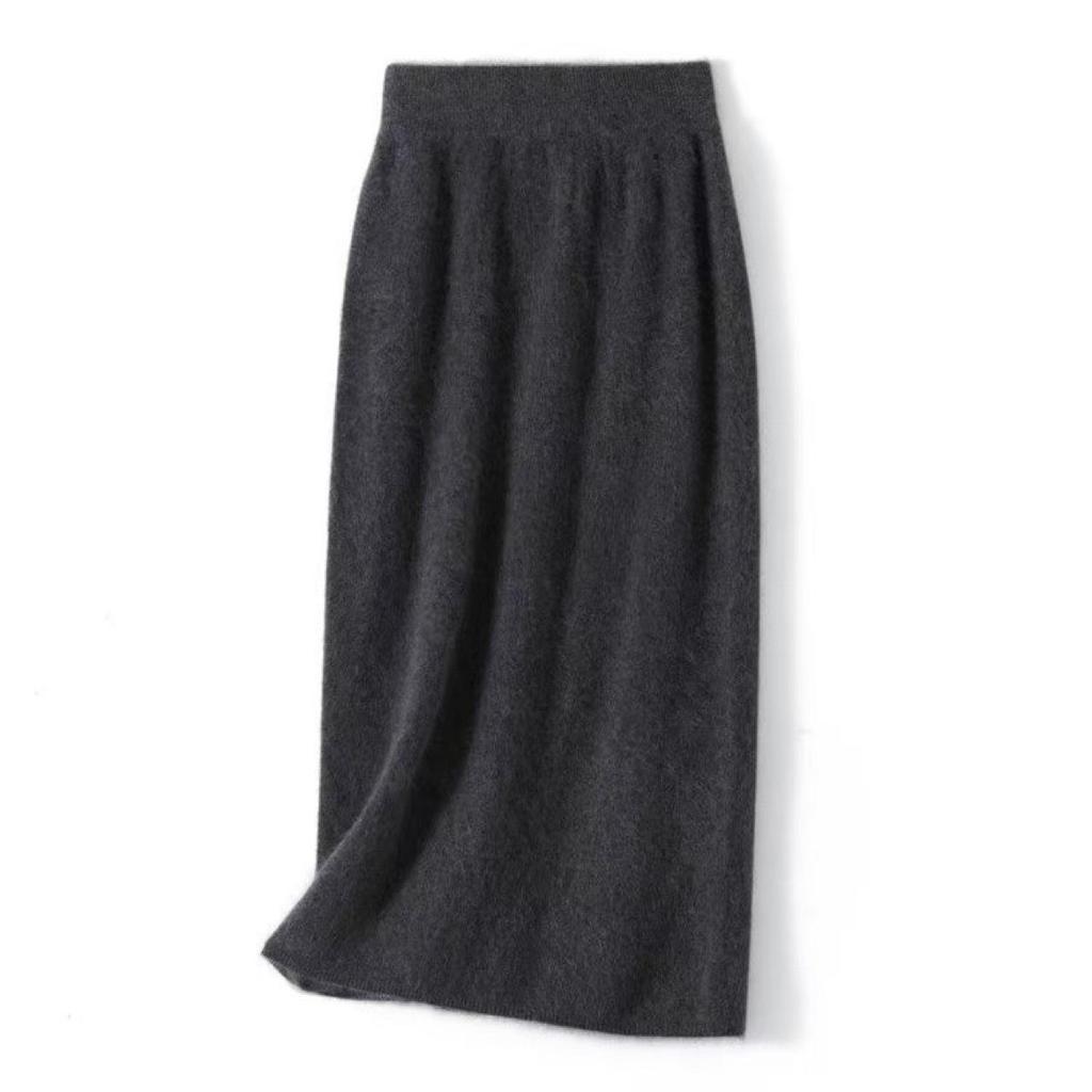 Women's Flocked Cashmere Wool Skirt: Slimming High Waist, Mid-Length, Versatile Knit, Autumn/Winter Fashion, Hip-Hugging Design.