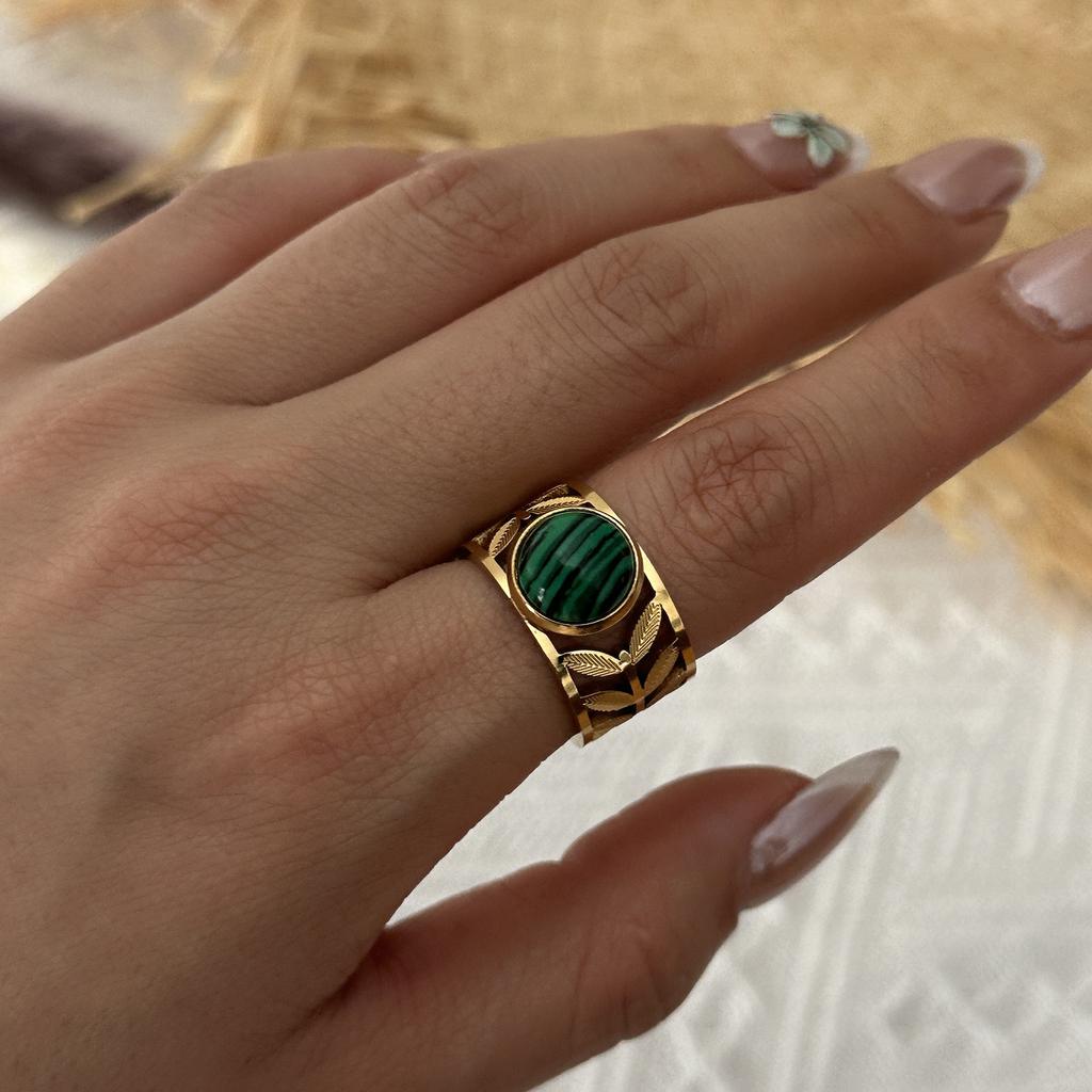 Green Natural Stone Stainless Steel Gold Plated Rings for Women Men Hollow Geometry Female Rings Charms Waterproof Jewelry