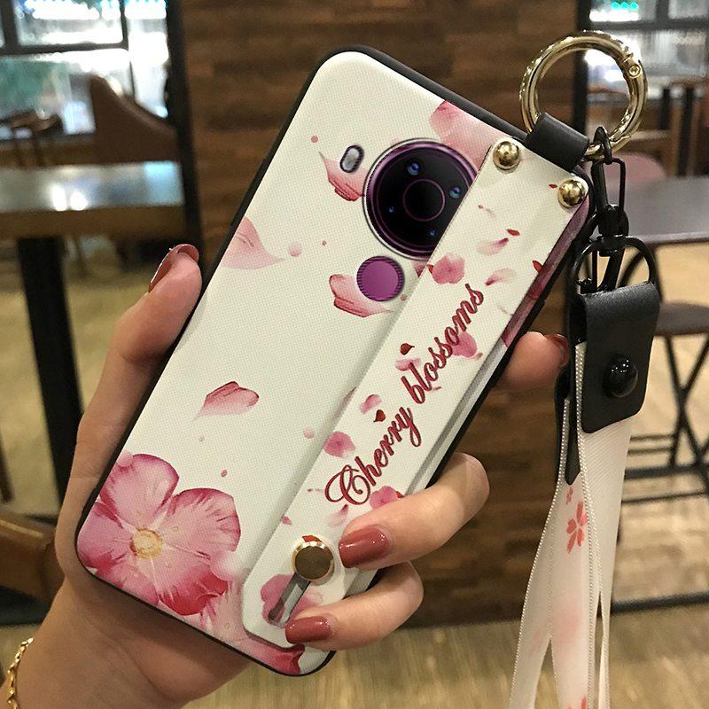 Back Cover Anti-dust Phone Case For Nokia 5.4 Wrist Strap Anti-knock Kickstand Shockproof Wristband Flower Phone Holder