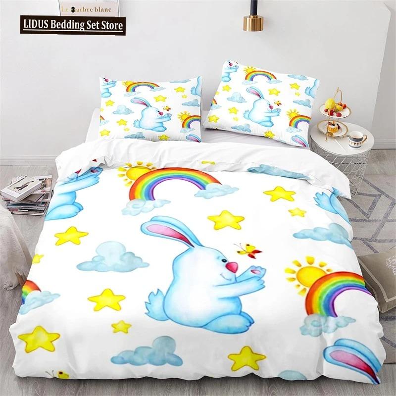 Copripiumino Animali Cartoni Animati Simpatico Set Letto Coniglio Arcobaleno Microfibra Fauna Selvatica Copripiumino Misura Singola Per Bambine Bambini Stanza Kawaii
