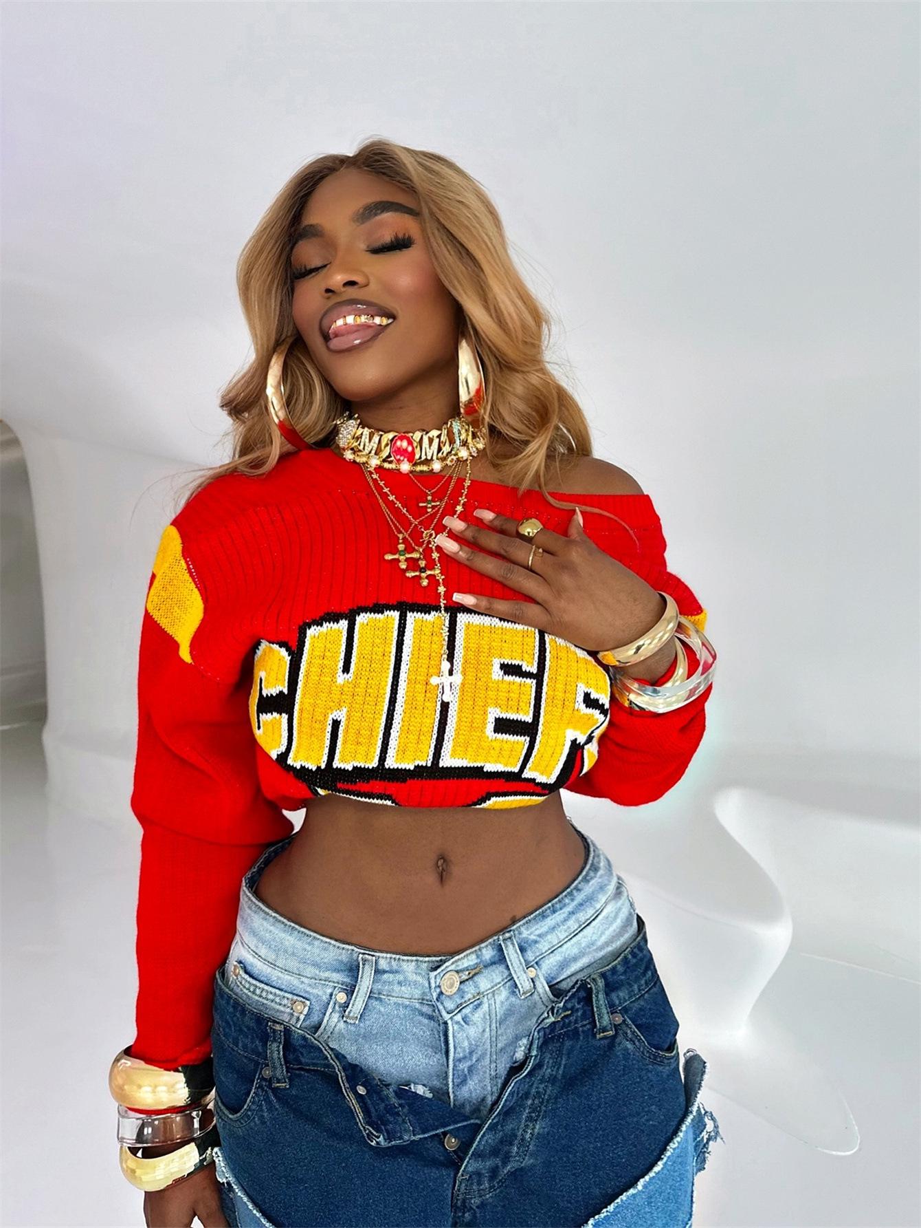 

2024 Осень Повседневный Европейский и Американский Трикотажный Свитер - Горячая Девушка Контрастный Цвет Живот Топ Medium красный