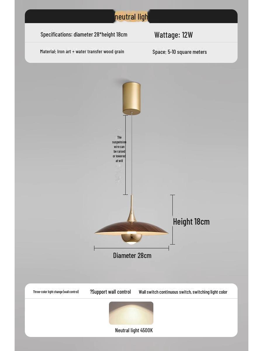 

Средневековая ретро-люстра из орехового дерева с блюдцем: Креативная подъемная лампа для столовой и бара Full Spectrum - Three-Color Light