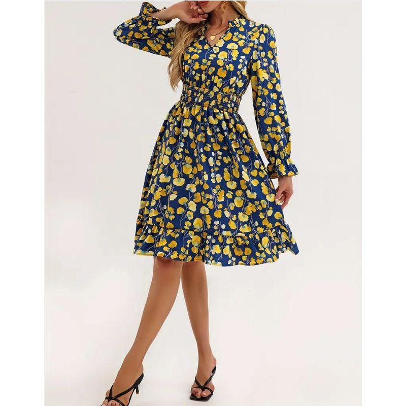 

Sweet Autumn New Western Style Fashion Floral V-neck Elastic Waist Hugging Frill Mid-Length Long sleeve dress Yellow Flower M