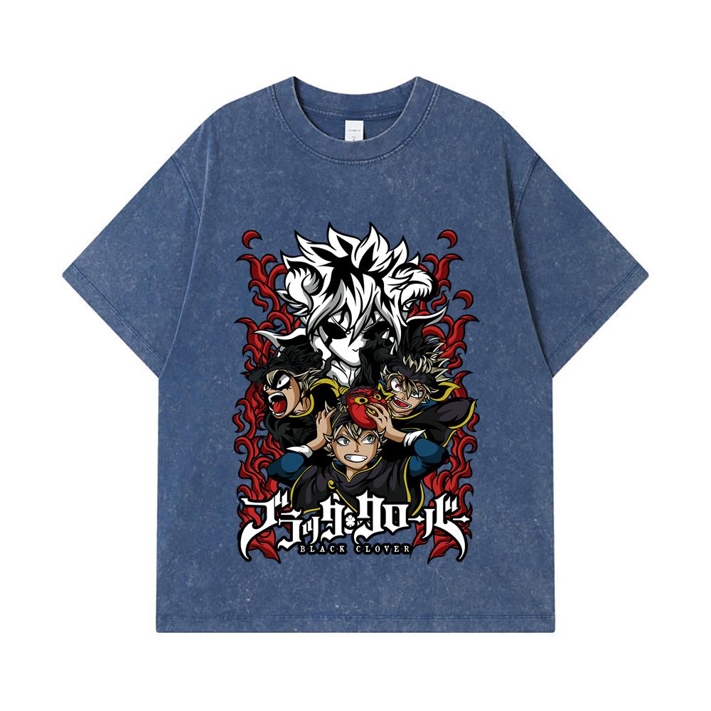 275 GSM Washed T-shirts 100% Cotton Black Clover V9 Print Unisex Heavy Cotton T Shirt