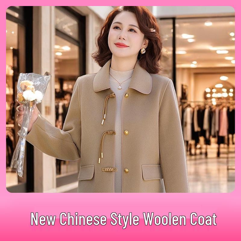 Mom's Double-Faced Wool Coat: New Chinese Style Autumn/Winter Jacket for Stylish Middle-Aged Women