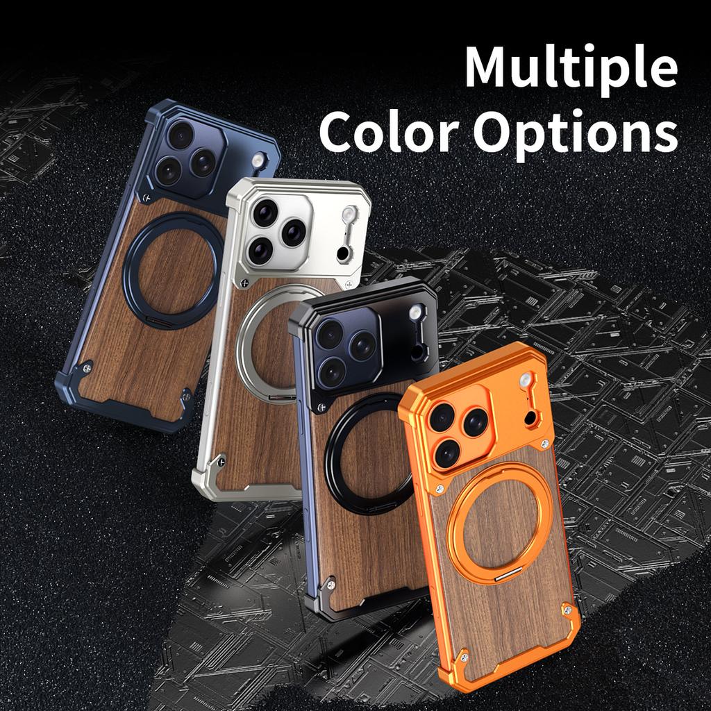 Luxury Metal Alloy Frame Wood Frameless Phone Case For iPhone 17 pro max 16 15 Pro Max Magsafe Magnet 360 Rotating Bracket Cover