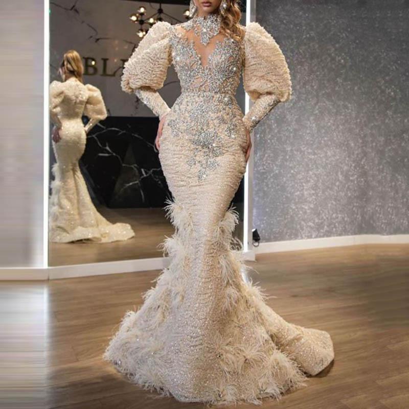 V-Neck Gold Feather Princess Evening Dress