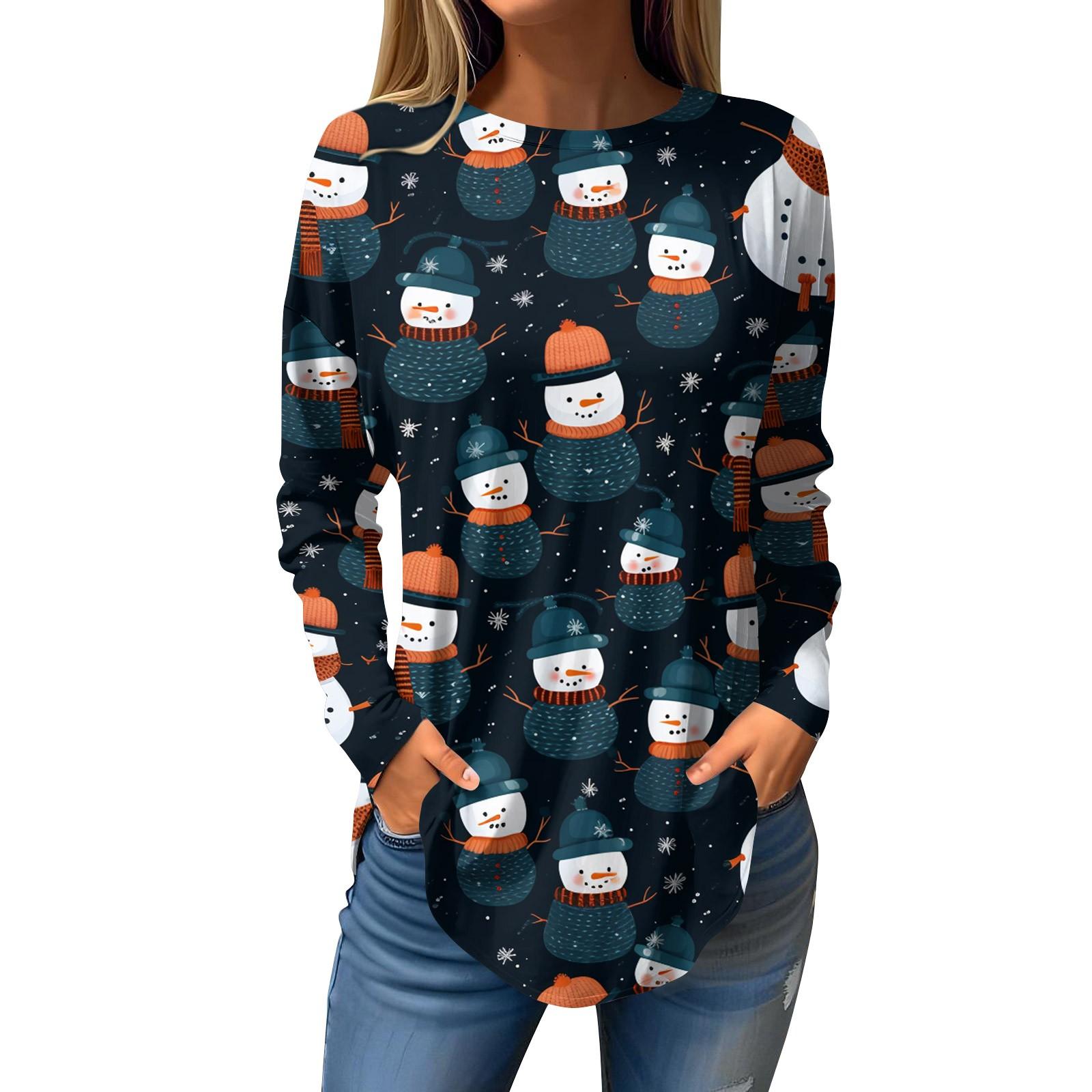 

Жіноча вільна футболка з різдвяним принтом і круглим вирізом, верхній пуловер і світшот з довгими рукавами S