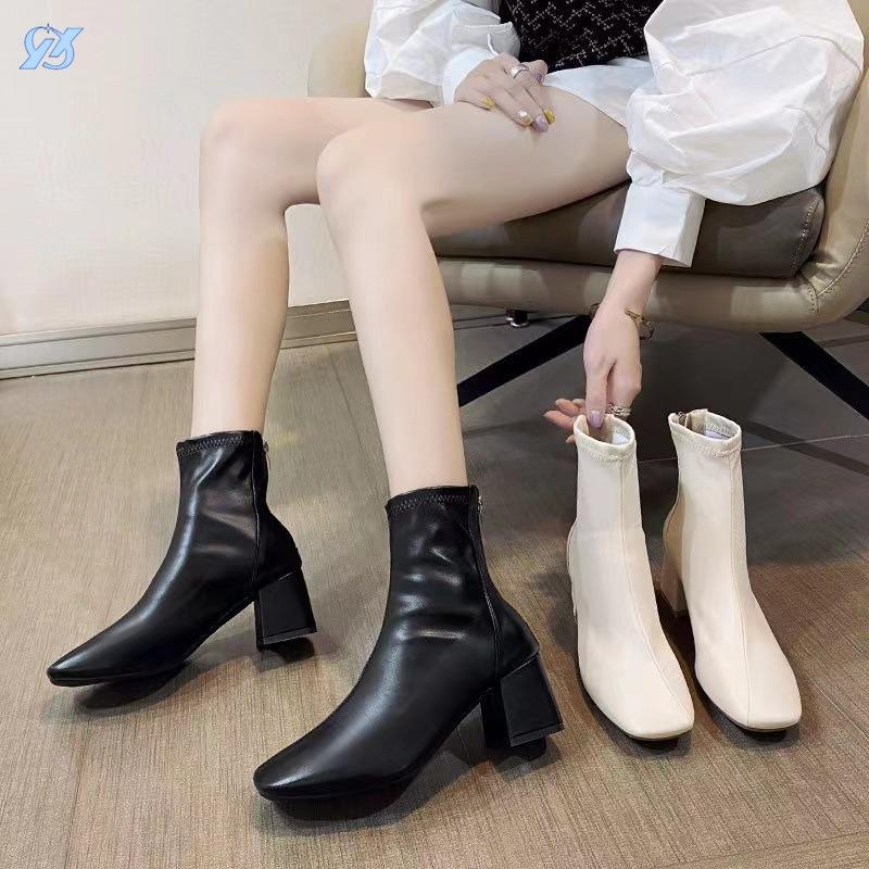 Square head thick heel short boots for women's new fashion rear zipper medium tube high heel Martin boots for women