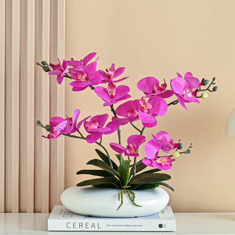 Realistic Phalaenopsis Artificial Flower Centerpiece for Dining Table with Vase