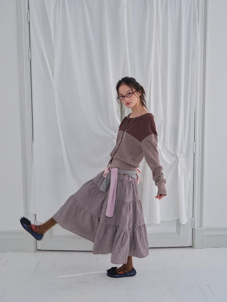 Mueum Two-Way Button Shirring Skirt (Purple Check)