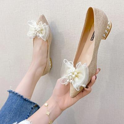 BCEBYL Spring Summer Fashion New Pointed Toe Shallow Mouth Bowknot Pearl Banquet Wedding Low-heeled Shoes For Women