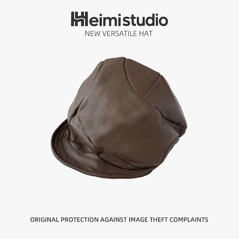 

25 Early autumn new design pleated splicing autumn and winter pu leather newsboy hat soft brim anti-wearing beret tide темно-коричневого