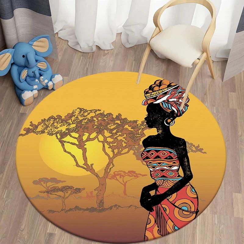 African Women Print Round Carpet Non Slip Area Rug for Living Room Bedroom Balcony Kitchen Decor Traditional Floor Mat Yoga Mats