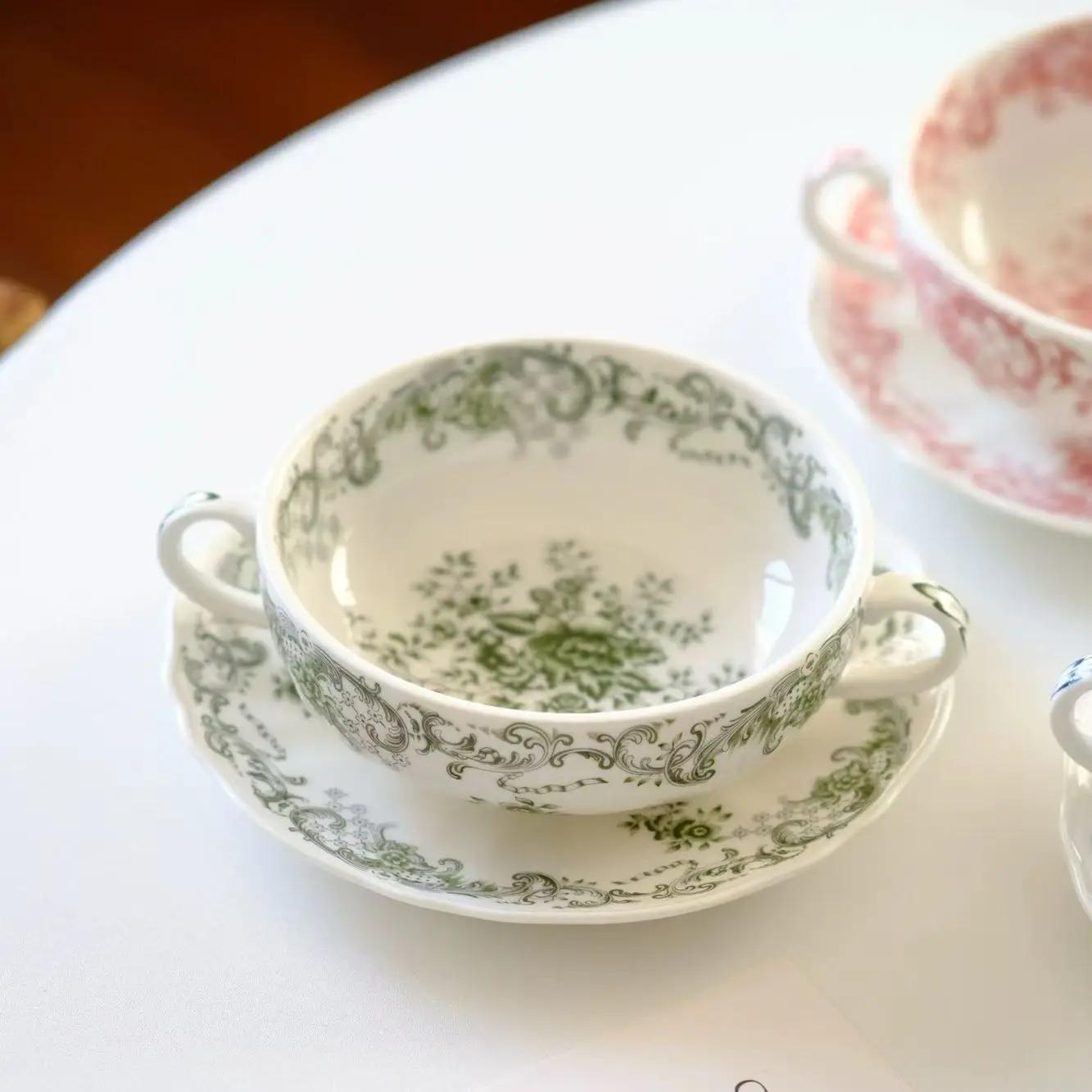 

Ретро французские кофейные чашки для домашнего хозяйства, послеобеденный чай, десерт, йогурт, набор чашек и тарелок, изысканные цветочные керамические миски, столовая посуда