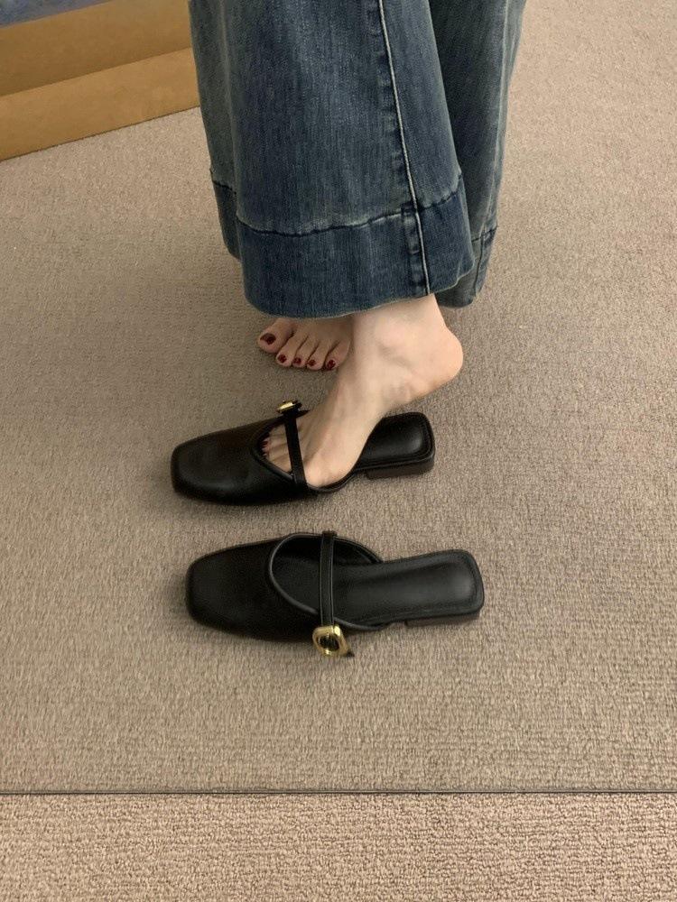 

Весна и лето 2025 новые черные туфли Мэри Джейн с открытой пяткой, уличная обувь на мягкой подошве и с мягкой поверхностью, на низком каблуке, одинарные туфли, женская обувь 35