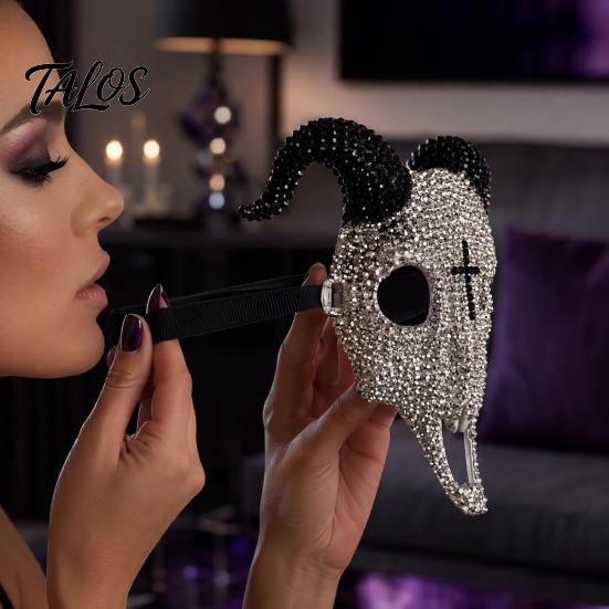 Light Luxury Skull Mask Halloween Rhinestone Full Face Mask, Black White Ram Horn Masquerade Sparkly Crystal Glitter Party for Adults Unique Costume