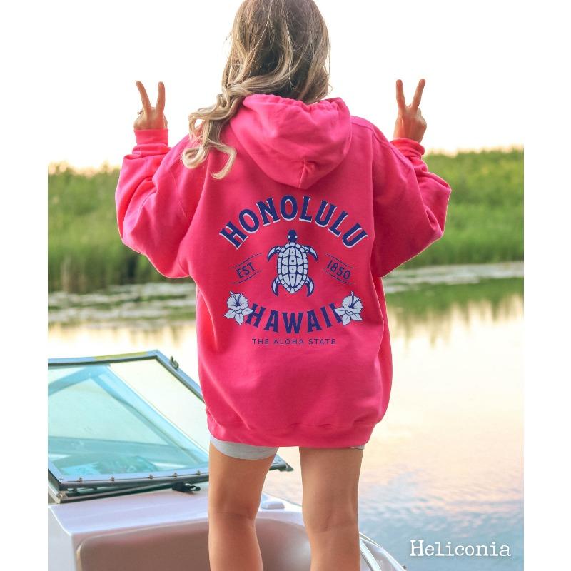 Hawaiianische Hibiskusblume Hoodie Honlulu Sweatshirt Damen Strandresort Shirt Frühling und Herbst Lässig Schildkröten-Print Pullover
