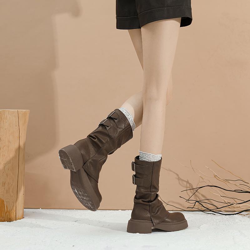 British style short boots children 2025 new autumn and winter pleated knight boots thick-soled trouser tube boots women's pile student boots