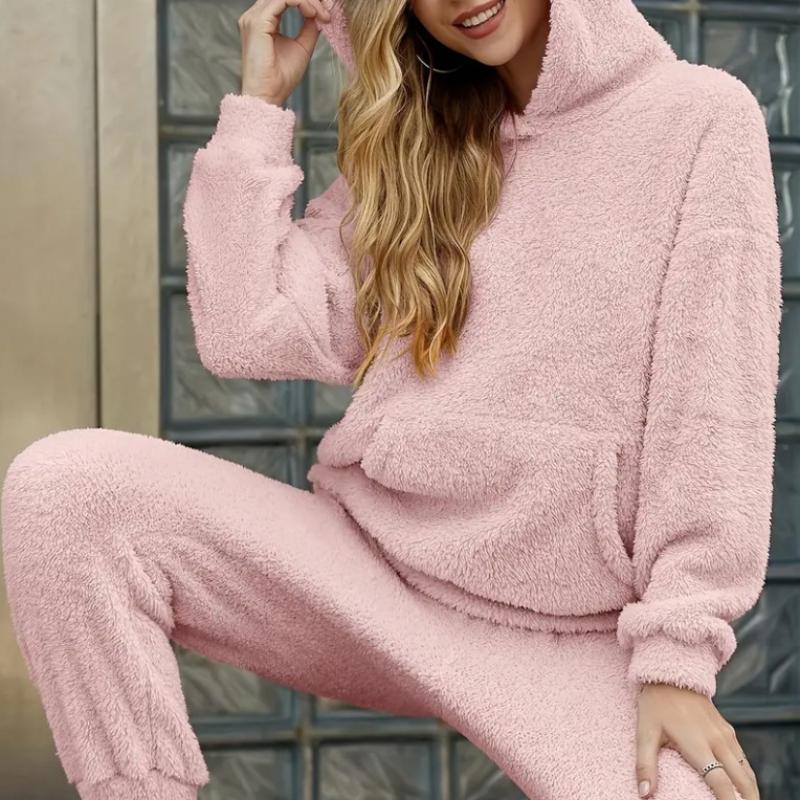 

QICED Осенне-зимний однотонный женский худи с длинными рукавами, накладными карманами, повседневные брюки, домашний комплект из двух предметов M розовый