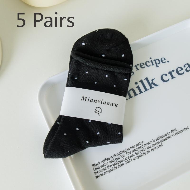 5 Pairs of Female Summer Thin Student Curled Brim Polka Dot Mid Tube Pile Socks