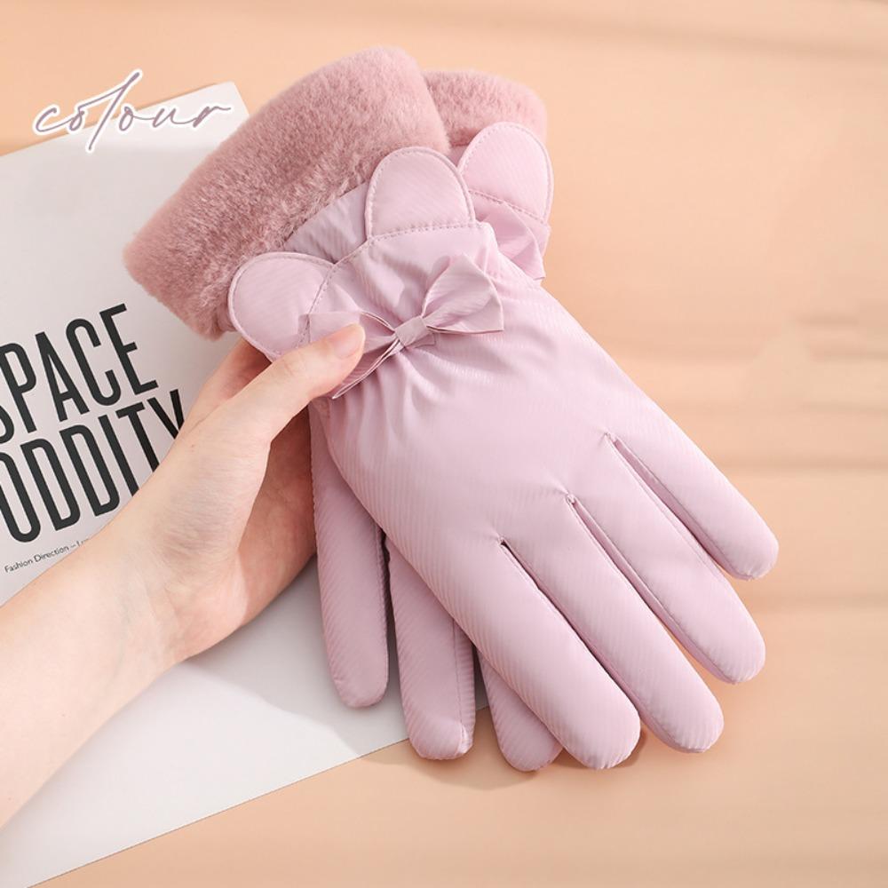 Soft Plush Thickened Gloves  Satin Windproof Gloves Gift Bow Anti-cold Mittens  Daily