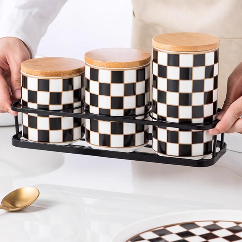 Kitchen Organizer and Storage Container, Ceramic Storage Jar, Wooden Lid, Sealed Jar, Food Storage Containers, Metal Rack