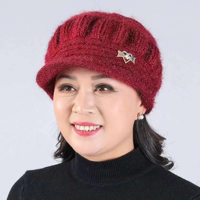 Warm Knitted Beanie Hat Women Seniors Winter Thick Fleece Lined Cotton Blend Cap Short Brim Round Top