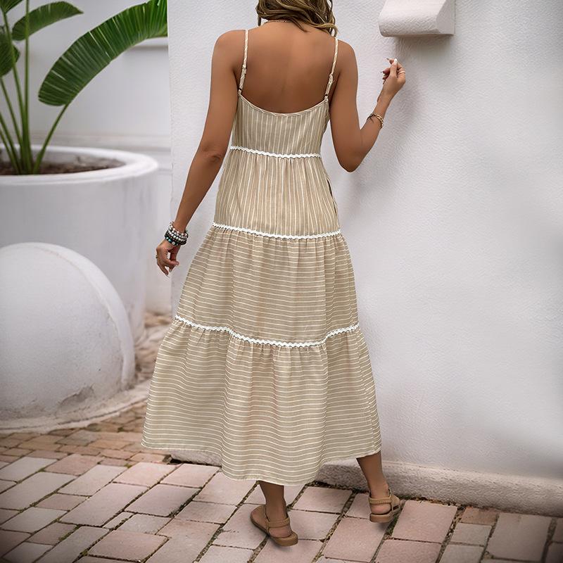 2025 New Summer Simple Wind Wavy Edge Layered Suspender Skirt Striped Dress