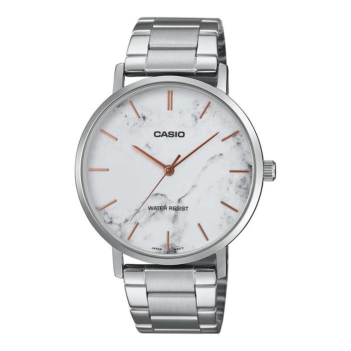 Casio Men's Analog Minimalistic White Marble Dial MTP-VT01DM-7AUDF, White, 46 x 40 x 8.2 mm