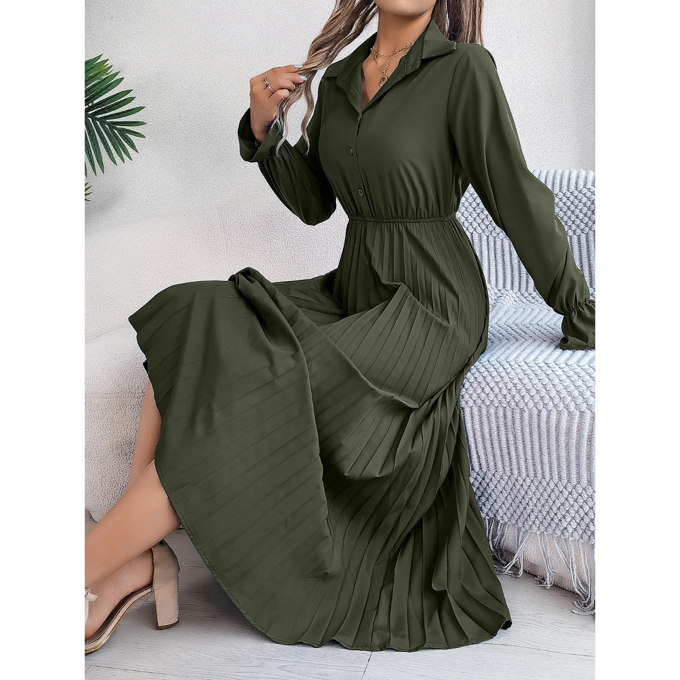 

GMXIA Autumn and Winter Casual Lapel Button Long-sleeved Waist-cinching Pleated Long Dress Women s Clothing XL армия зеленый