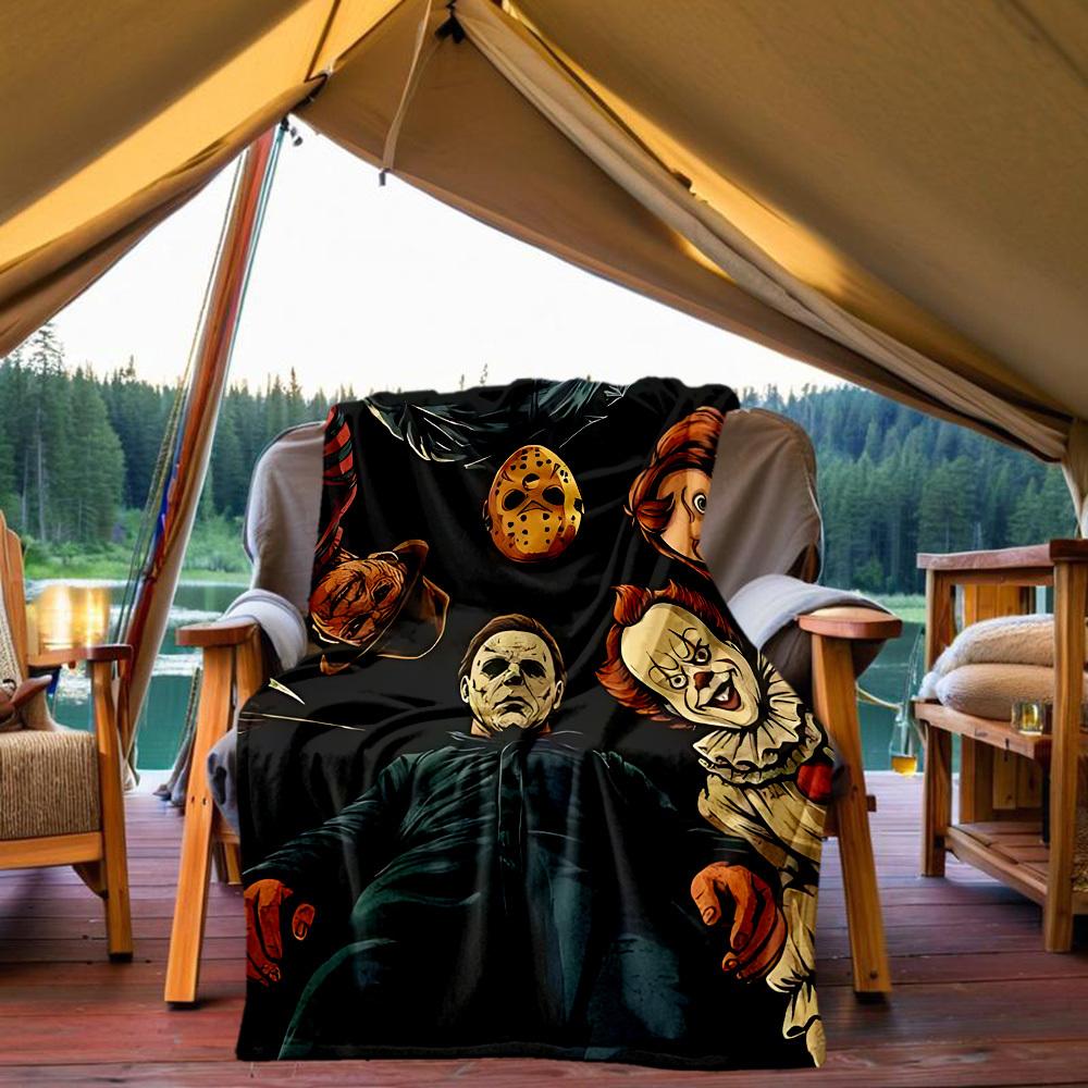 1pc Horror Icons Outdoor Blanket Lightweight Flannel, Soft & Warm, All Season Use for Sofa, Outdoor, Camping, Living Room, Office, Chair