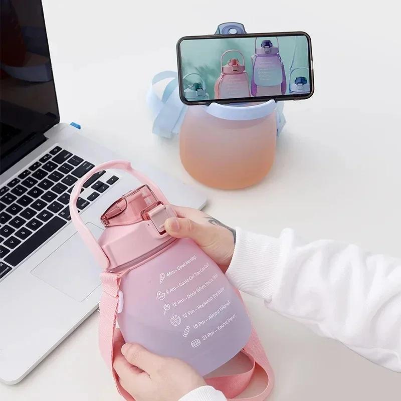New Gradient Color Big Belly Cup Large Capacity Plastic Water Bottle with Straw Adjustable Strap Sport Fitness Bottle 1300ML