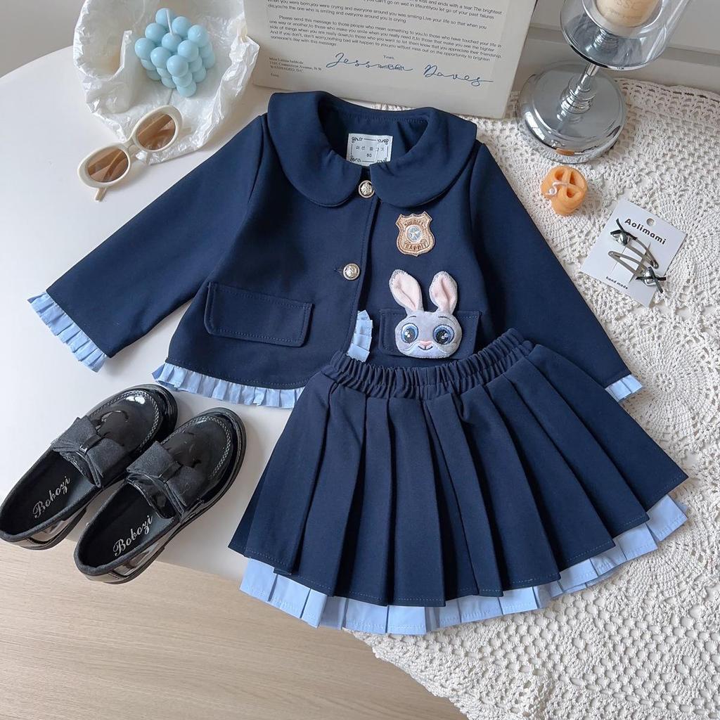 Girls' Rabbit Police Officer Outfit: Stylish Spring/Autumn Coat & Pleated Skirt Set for Baby Girls - Two-Piece (AQB063)