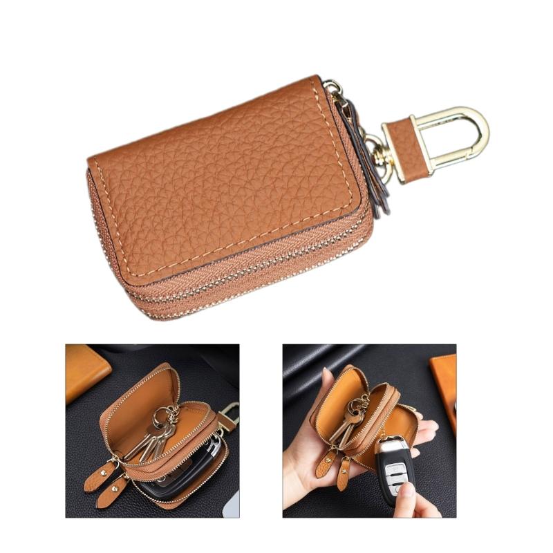 Leather Car Key Fob Case Cover Keychain Zipper Bag Protector Double Layer Pouch