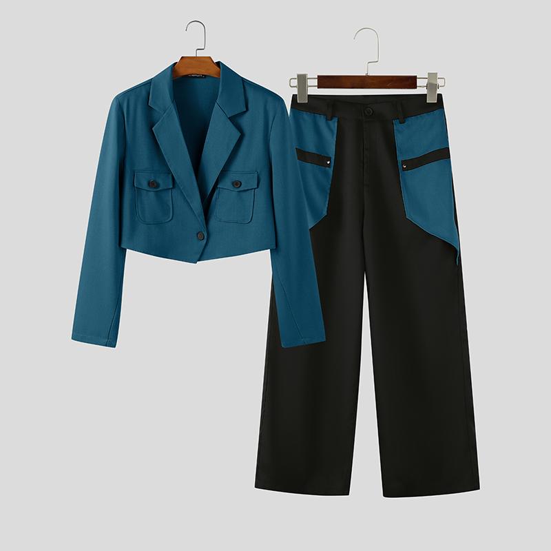 

INCERUN 2PCS Men Outfits Long Sleeve Cropped Blazer and Long Pants Casual Sets S синий