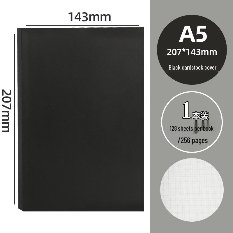 Retro Black Card Notebook - B5 Large & A5 Draft Book with Lined, Grid, and Blank Pages for Students