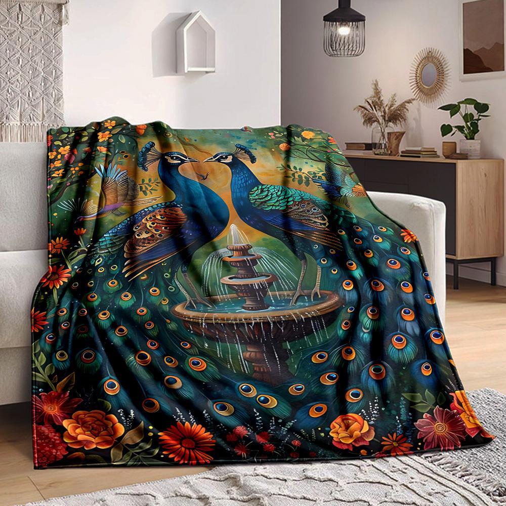 

1PC Peacock Garden Fountain Blanket, Throw For Sofa, Bed, Travel, Printing Blanket With Soft And Warm Fabric yy250918161 75x90cm