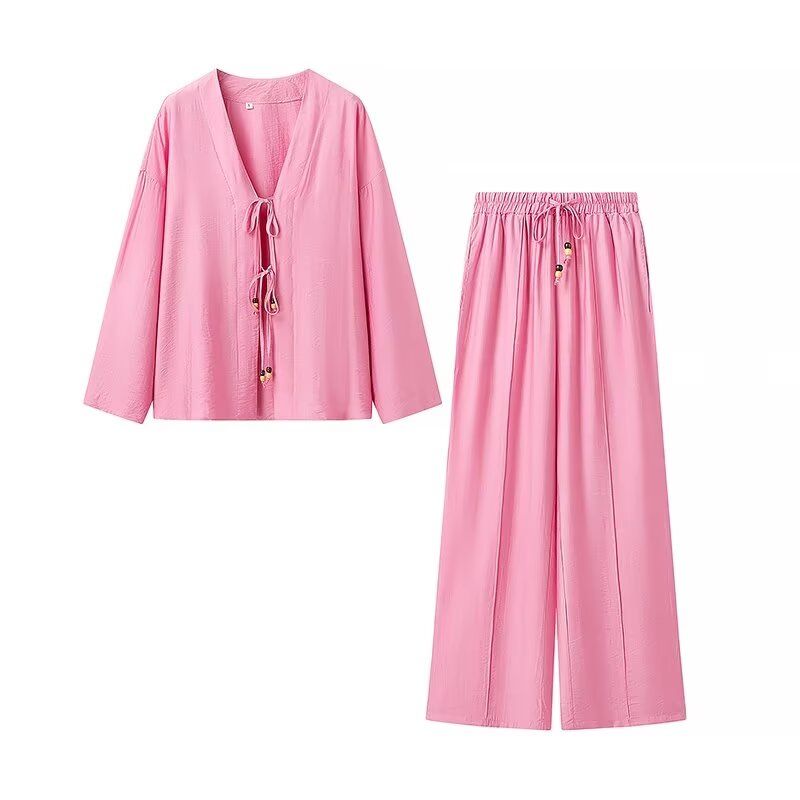 

Kaslead New Arrival Women s Fashion Style Fashion Minimalist Long Sleeve Shoelace Shirt Tops Casual Pants Suit Pink L