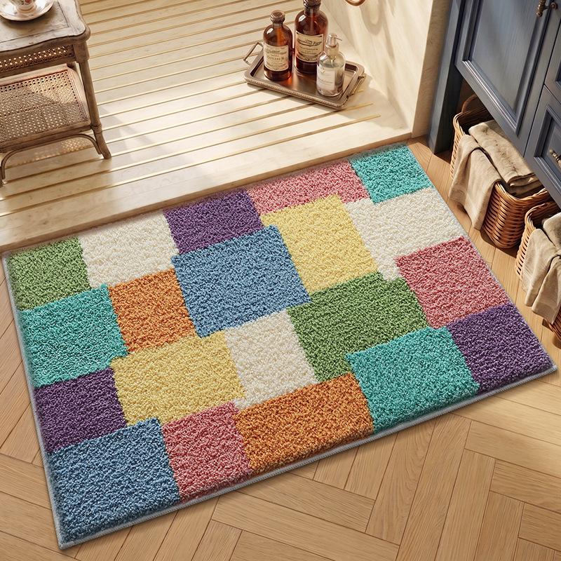 Nordic Korean Style Colorful Plaid Bathroom Mat Super Absorbent Non-Slip Soft Floor Rug Dopamine Home Decor for Bedroom Bathtub
