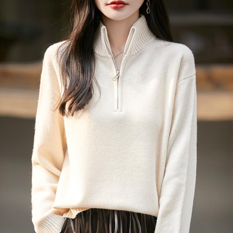 Women's Half-High Collar Zipper Wool Sweater - Loose Fit, Versatile Long Sleeve, Solid Color Base Layer for Autumn & Winter