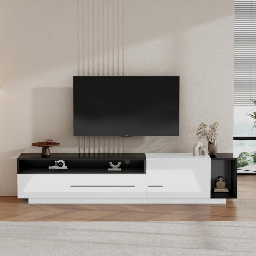 Hochglanz, TV Board Lowboard Schublade, Tür offenem Fach, Eleganter TV-ständer Fernseher bis zu 70 Zoll, Esszimmer, 170cm, Weiß & Schwarz