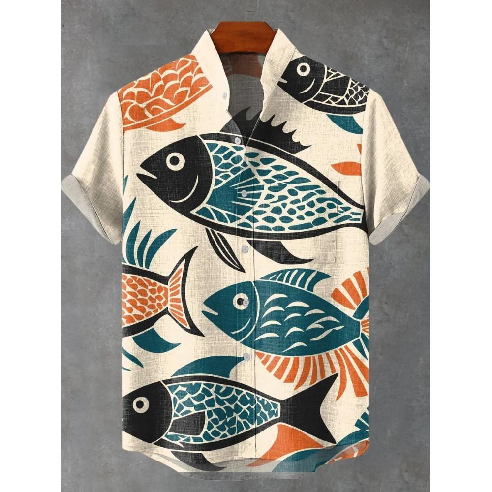 

Летняя мужская рубашка ретро с 3D-принтом в полоску с рыбным узором, повседневная и модная, льняная, с воротником-стойкой 5XL