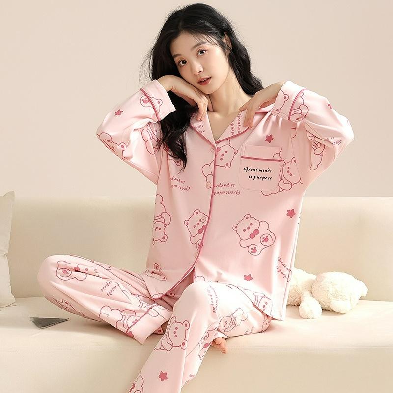 Spring and Autumn Pajamas, Women's Long-sleeved Trousers, Cotton Homewear, Sweet Solid Color Suit